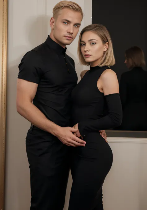 araffed blond woman in a black dress standing next to a swedish man with a short undercut blond haircut in a suit and trousers, wearing a tight black dress, by Bernie D’Andrea, dasha taran, posed, in paris, she is wearing a black dress, selfie, artists, we...