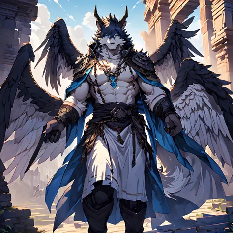 white wolf， a pair of male horns black angel wings clear blue eyes handsome smile sturdy gray robe bare chest muscles posture wa...