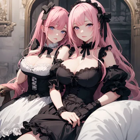 full bodyesbian，large breasts，girl with，drooing eyes，long hair，Pink hair，Gothic lolita、illustratio