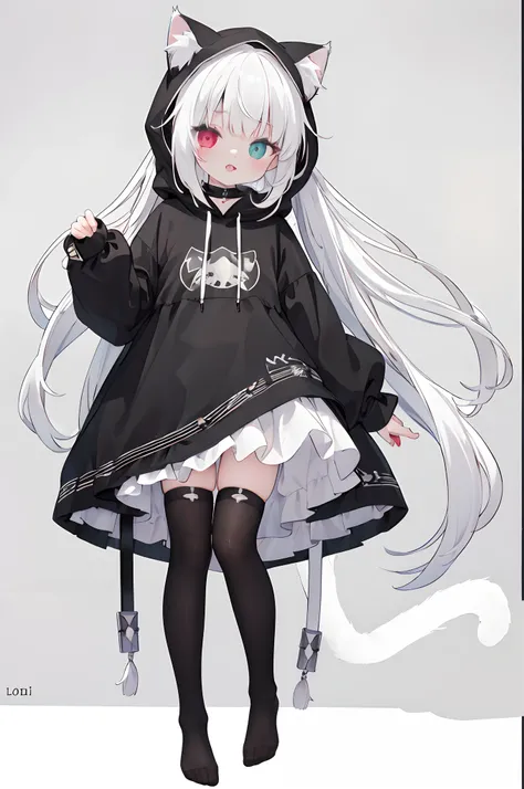 ((4K, ​master piece, Best quality)),(Loli:1.4)，White hair，Blackn clothes，full bodyesbian , Animal ear，Heterochromatic，Cat ears，hoodie oversized，tongue out，a cat tail，Sleeve over wrist，white stockings，Barefoot，long whitr hair