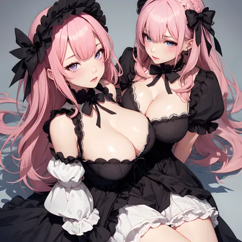 full bodyesbian，large breasts，girl with，drooing eyes，long hair，Pink hair，Gothic lolita、illustratio