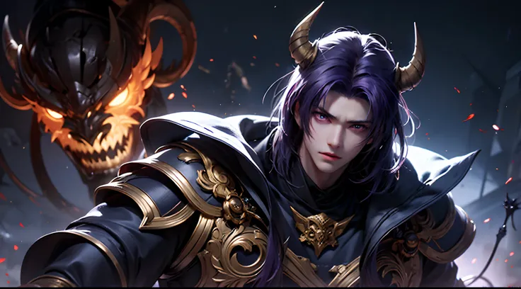 anime character with purple hair and glowing eyes in front of a dark background, handsome guy in demon slayer art, epic fantasy art style, badass anime 8 k, epic fantasy digital art style, detailed digital anime art, human male demon, portrait of hades, ep...