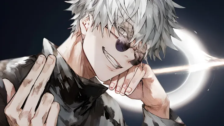 anime guy with white hair and sunglasses holding his hand to his face, ken kaneki, kaneki ken, a silver haired mad, killua zoldyck portrait, best anime 4k konachan wallpaper, killua zoldyck black hair, tokyo ghoul, yoko taro, killua zoldyck, jujutsu kaisen