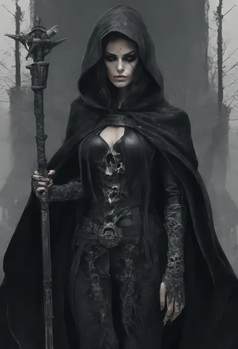 Woman, high priestess, tall, thin, skull staff , ((black cloak)), pale skin, full black eyes, gothic, dark, evil, creepy