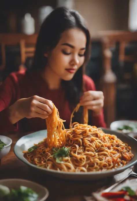 Beautiful girl eating noodles upside down