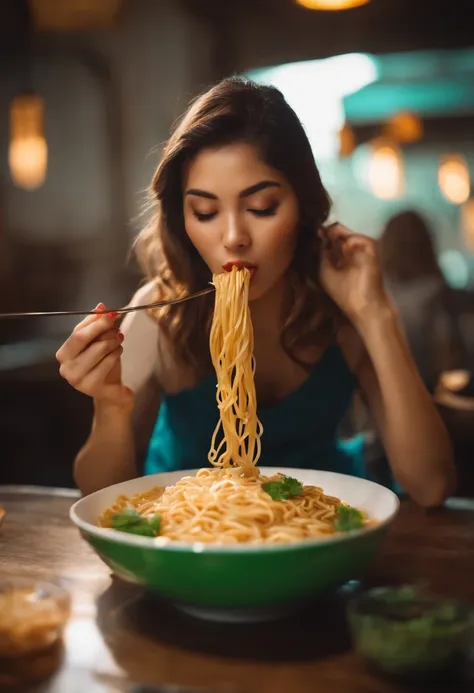 Beautiful girl eating noodles upside down