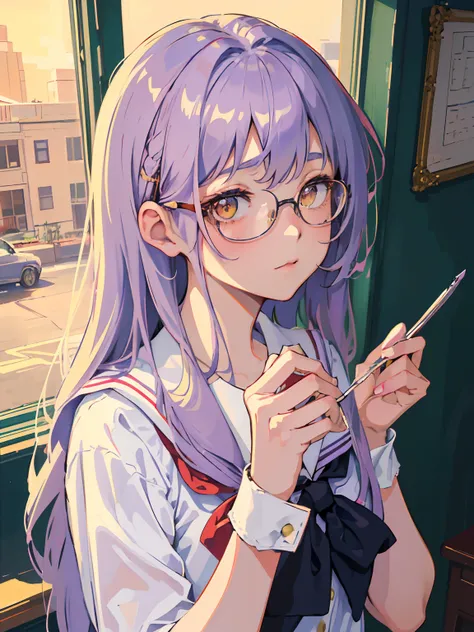 ((masterpiece, best quality)), (1girl, anime girl in retro style),(loli, little girl, school girl), (solo), (female focus), (light pale purple hair, messy hair, long hair),yellow eyes, glasses, ((school uniform)) , shy, portraits, close up, upper body, vib...