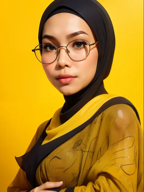 malay woman in a dark green bra and panties in front of a yellow background, glasses, headshot profile picture, hijab, mira filz...