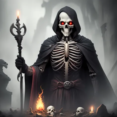 Create a man with zombie body half of his face is skeleton red eyes wearing a wizard cloak holding a staff the tip of the staff is a skull head, Hes in a semiterium and doing a spell bringing the dead back to life