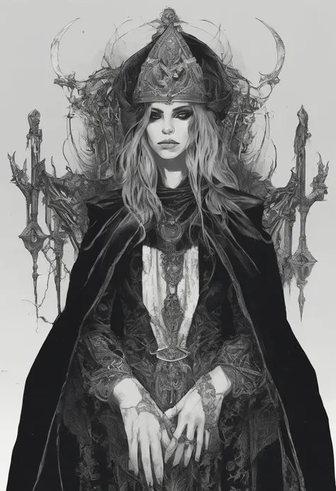 Woman, high priestess sorcerer, tall, thin, skull staff , ((black cloak)), pale skin, full black eyes, gothic, dark, evil, creepy, (dark fantasy), dnd character