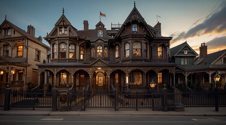 Immerse yourself in the detailed and visually descriptive world of a photoreal Victorian town, transformed by the magic of Halloween and the whimsical touch of steampunk.