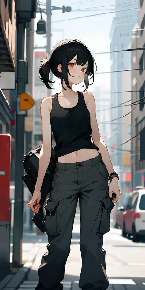 Blurry Background, City, Black Hair, Tank Top, Cargo Pants, 1 Girl