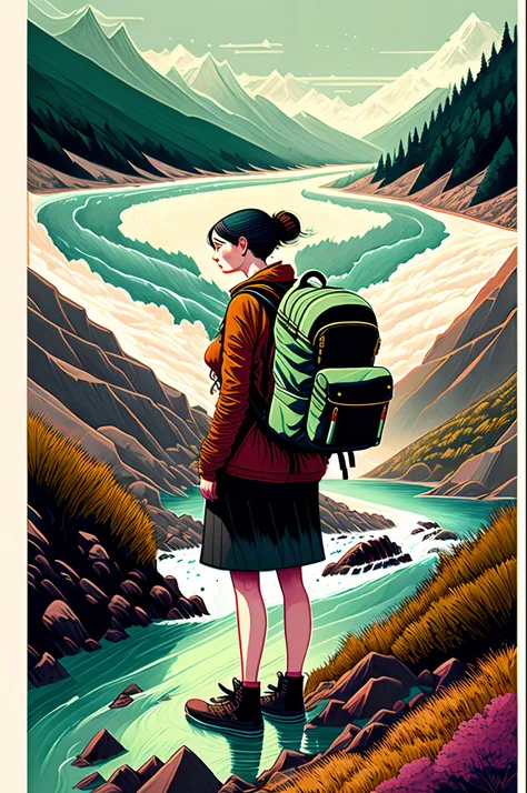 a painting of a person with backpack standing in front of a mountain with a river running through it by Victo Ngai