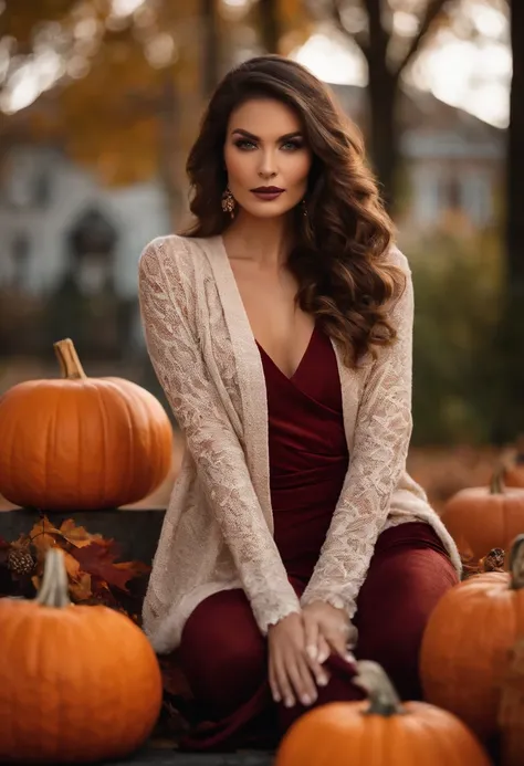 Generate full-body photography of Autumn, the stunning brunette influencer. She should appear in her mid-20s, approximately 54" tall, with long, wavy chestnut hair that falls gracefully on her shoulders. She has an athletic hourglass figure accentuated by ...