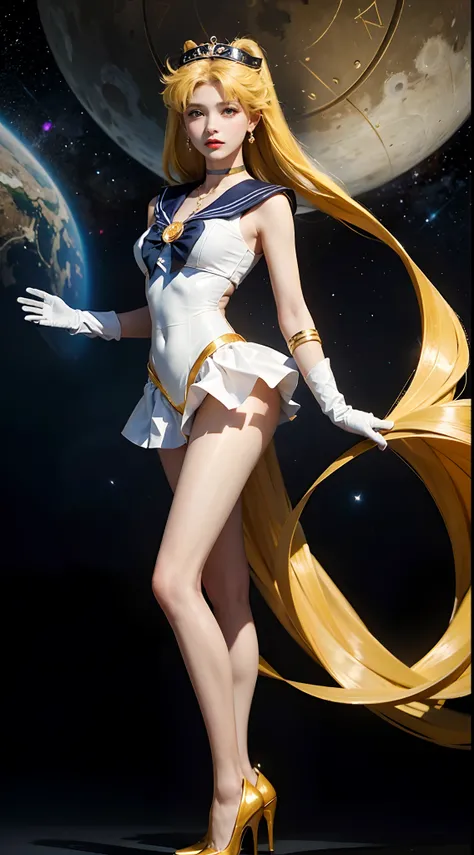 ((​masterpiece:1.4)、(top-quality:1.4)、(reallistic:1.7))、masuter piece:1.4、a beauty girl、(Sailor Moon:1.4)、Tsukino Usagi、Body Fit Sexy Sailor Senshi Uniform、(latex shiny)、(The jacket is a white sleeveless sailor suit)、(Skirt is blue sexy ultra ultra mini sk...