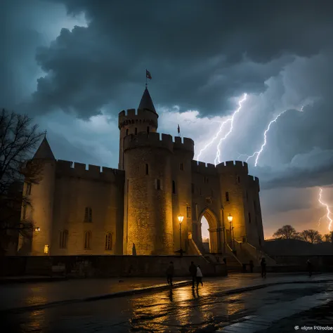 (late afternoon):0.9, (Dense atmosphere):0.8, (Feeling the cold):0.7, (castle):1.2, (Medieval):1.1, (Storm):1.4, (Lightning):1.3, (Rain):1.2, (little bit of raining):1.2, (detailed 8k):1.5.