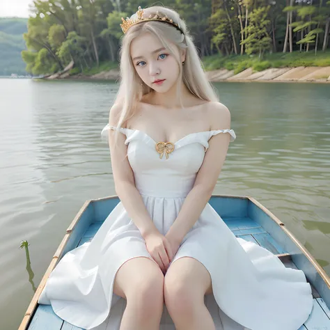 A princess, blue eyes, sit on lake, white dress quenn, Golden details dress, neko, cute, big dress, Black hair, korean girl, hair black