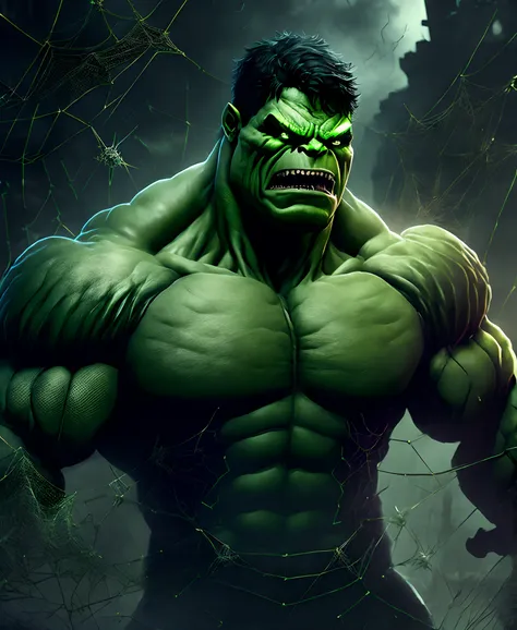 Close-up (Halloween theme hulk from marvel  in Goth style: 1.3) emerging from the the  thick spider web fields, extremely detailed, smoke, flying debris, volumetric light