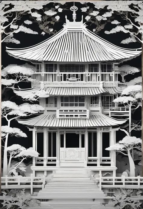 Masterpiece, Traditional Chinese-style houses，beautiful render of a fairytale, in the style of paper art, painting of beautiful, Beautiful, Like the Moon, A very complex masterpiece, Beautiful and intricate masterpiece of white color on black background, L...