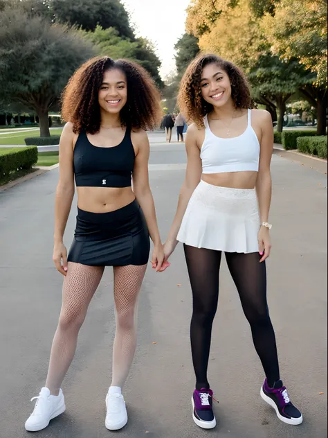 Show entire body, feet in view, aerial view, Zendaya and twin sister, curly hair, short skirt, body stocking,pantyhose, sneakers, park, midnight, laughing