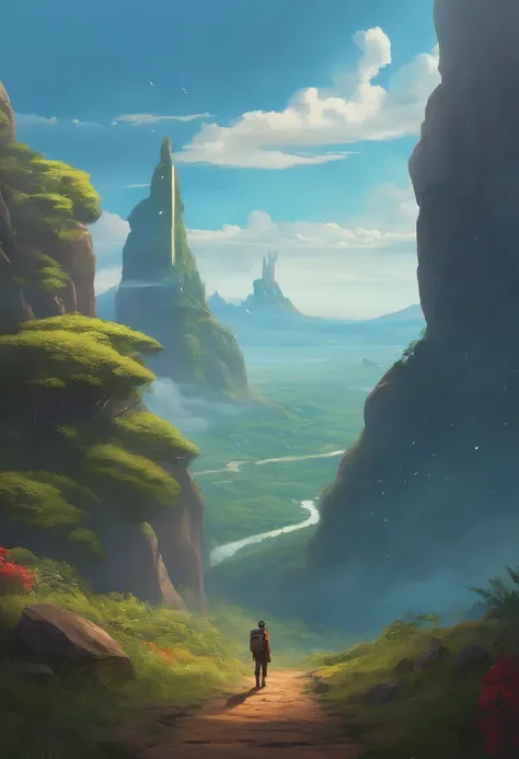 the hidden path across the sky, mountain enviroment, high, gigantic temple in the far distance, HIGH ABOVE THE CLOUDS, overgrown cliffs, anime concept art, studio ghibli, lofi style, concept art, detailed, mysterious, blue skies, wandering nomand, epic clo...