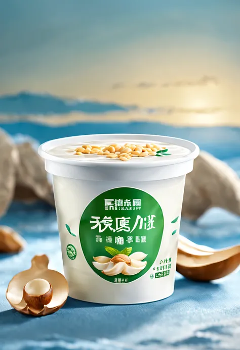 Eight treasure porridge，Commercial shooting,, ,poster for, Fresh style background, Booth lighting, Attractive, photorealistic colors, Ultra HD，photorealestic，Product packaging，Godas，Promotional packaging，packaging design，Silver Heron brand，Peanut milk，Cart...