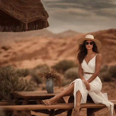 In this image, we see a woman posing for a picture in an outdoor setting. She is sitting on top of a table that is placed in front of a rocky cliff, creating a stunning backdrop for the photo shoot. The woman is wearing minimal clothing, with only underwea...