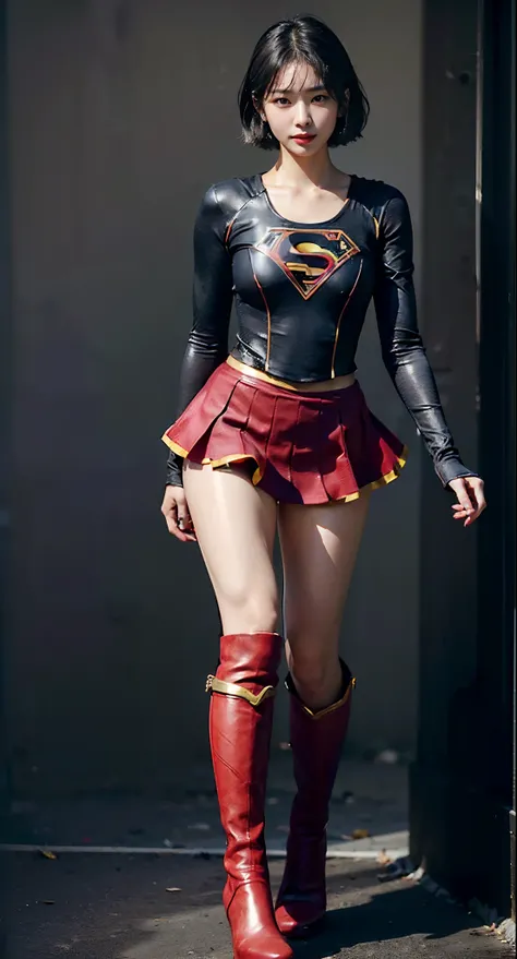 Asian Beautiful Girl、(((Wear black tights on your beautiful legs.)))、(((beauty legs)))、(((facial expression of smile)))、((((Make the most of the original image)))、(((Supergirl Costume)))、(((a short bob、beautiful hairl)))、(((Suffering)))、(((Feet must necess...