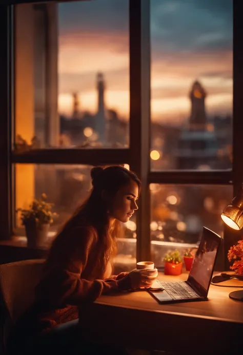 anime girl working on pc. cup of coffe and lava lamp on table. window with city background.