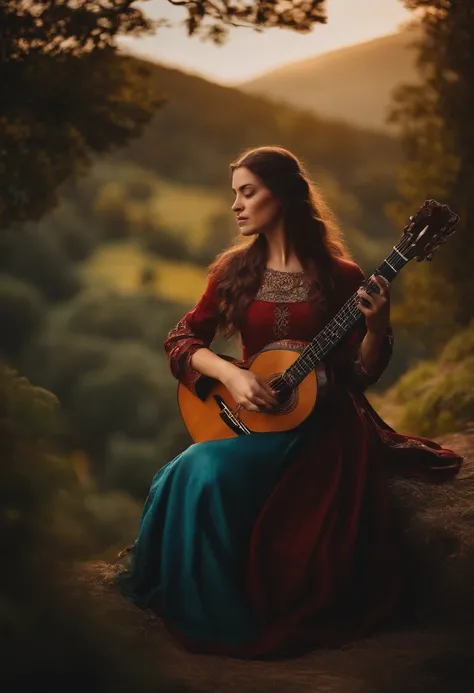 Paisagem medieval com uma mulher tocando guitarra