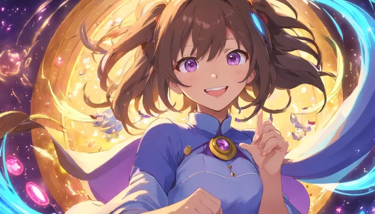 Chica anime, Mujer, cabello negro y purpura, ojos azules grades y expesivos, sonriendo, sonrojada, ropa ajustada, gamer girl, tetas grandes,muslos grandes, cuerpo completo parada de frente.