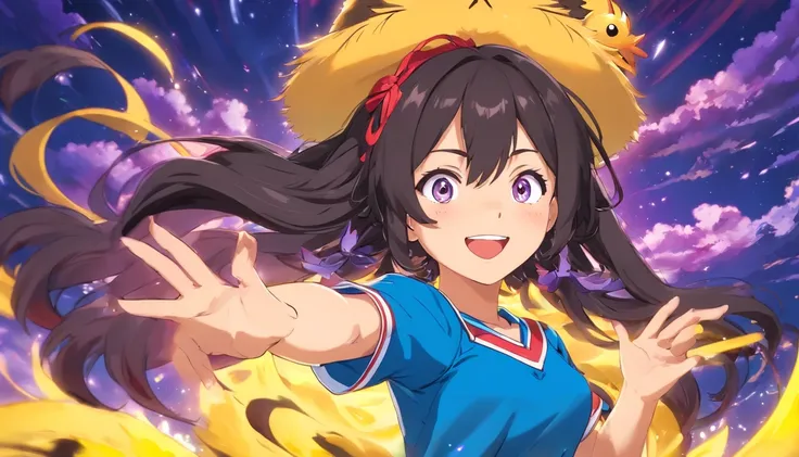 Chica anime, Mujer, cabello negro y purpura, ojos azules grades y expesivos, sonriendo, sonrojada, ropa ajustada, gamer girl, tetas grandes,muslos grandes, cuerpo completo parada de frente.