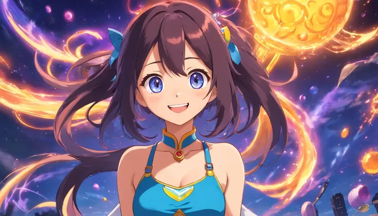 Chica anime, Mujer, cabello negro y purpura, ojos azules grades y expesivos, sonriendo, sonrojada, ropa ajustada, gamer girl, tetas grandes,muslos grandes, cuerpo completo parada de frente.