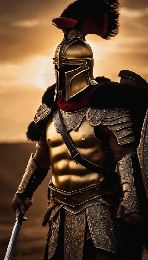 spartan warrior, fighting , stunning armor, black gold armor, epic, 8k