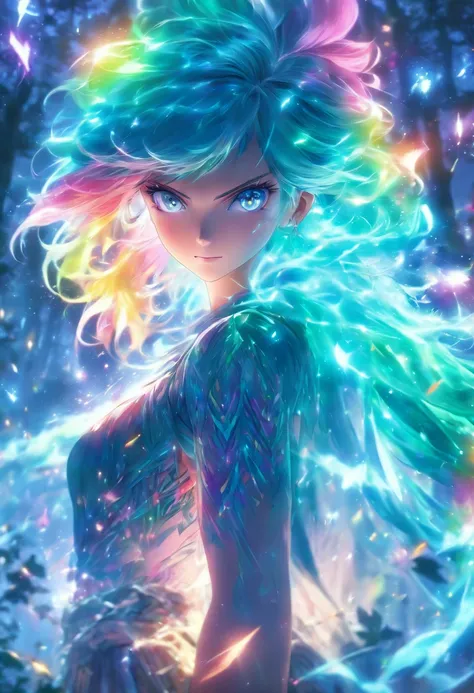 (best quality,4k,8k,highres,masterpiece:1.2),ultra-detailed,(realistic,photorealistic,photo-realistic:1.37),female with glowing teal eyes,rainbow colored hair,casting glowing spells,mystical forest,illustration,enchanted atmosphere,vibrant colors,soft ligh...