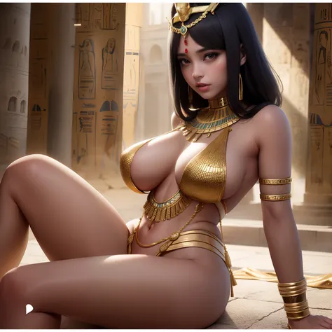 Image of a beautiful woman in a golden dress standing full body in Egyptian ruins, Egyptian, deusa bonita, beautiful cleopatra, Egyptian Princess, tiro extremamente detalhado da deusa, deusa antiga, Garota sexy, Cinematic Goddess Body Shot, figura linda, T...