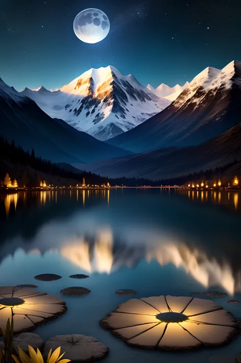 Very starry night。A giant moon behind the mountains。A tranquil lake reflecting the night。the morning sun。realistic scene、detaileds、Foto realism、8K