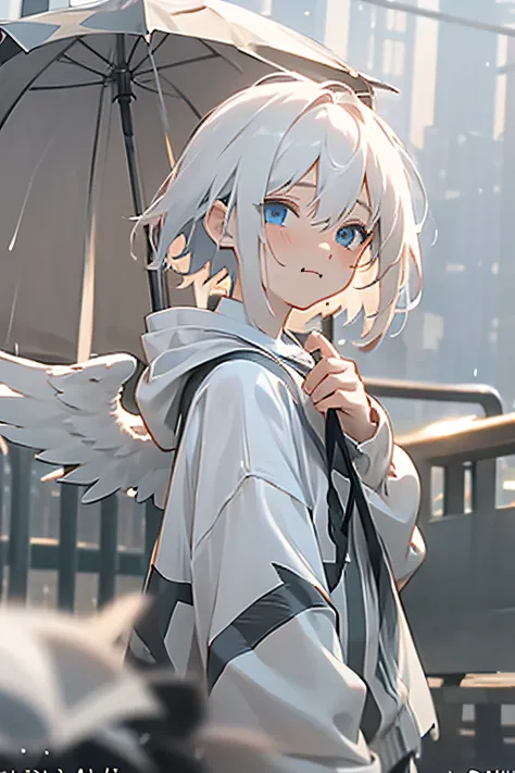 masterpiece, best quality, extremely detailed CG unity 8k wallpaper,1boy,white_hair, pale skin, hair_between_eyes, blue eyes, anime, , looking at viewer,hoodie,, rain, alone,loneny,feathered wings, white wings, wings, halo, 1boy, artist name, blush, child,...