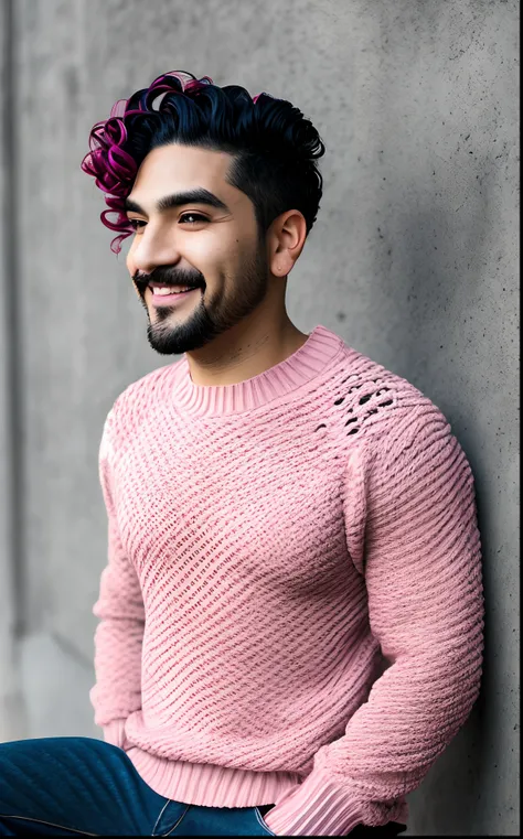 Short, skinny Mexican man with pink curly hair wearing jeans and a sweater