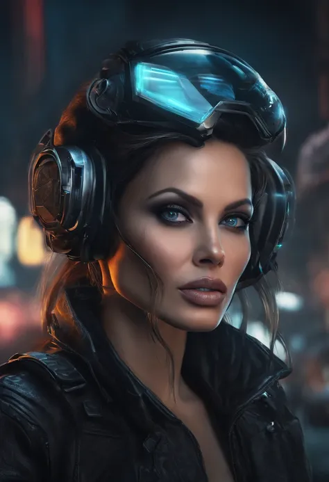 In a cyberpunk style drawing, create a high-quality image of Angelina Jolie that showcases her beauty and captures the essence of the cyberpunk genre. Use the following prompt to generate the image:

Angelina Jolie,beautiful detailed eyes,beautiful detaile...