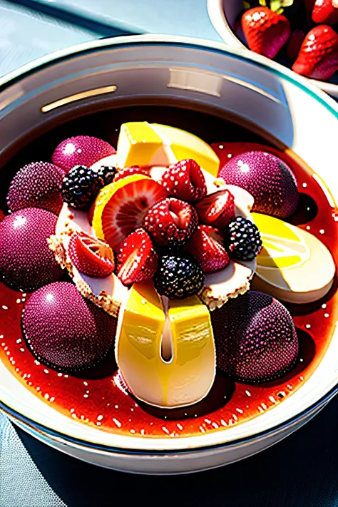 RAW photo, Quinoa porridge with mixed berries, foodphoto, professional colour grading, soft shadows, no contrast, clean sharp focus, foodphoto,