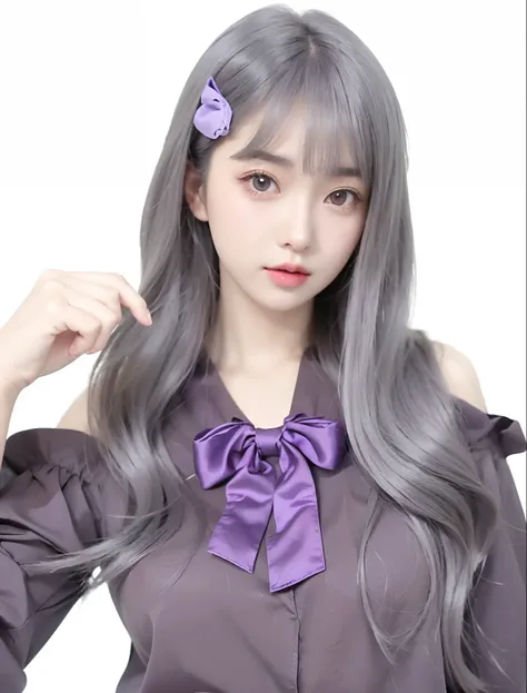 Close up portrait of long-haired woman wearing purple bow, white hime cut hairstyle, sakimichan, light gray long hair, hime-cut, Gray color, Girl Silver Hair, real life anime girl, black hime-cut hair, Anime girl cosplay, Violet Longhair, shikamimi, cloudy...