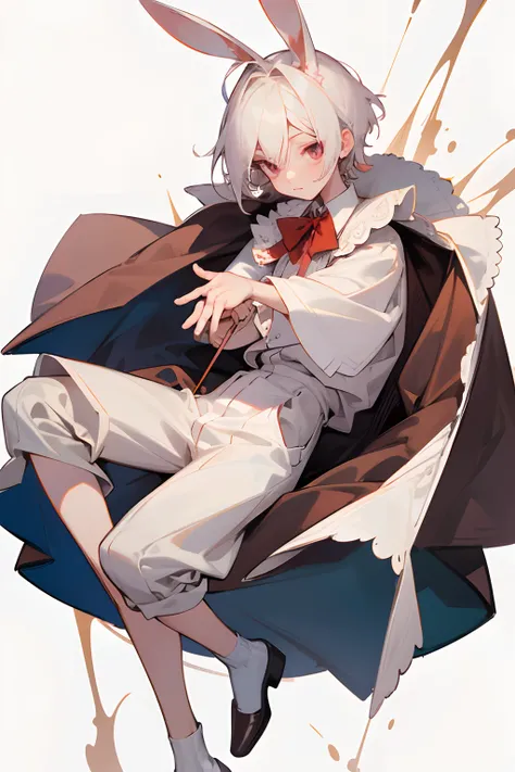 Masterpiece, perfect face, best quality, highest quality, 1boy, male character, short hair, male, anime boy, white hair, red eyes, chin length hair, creepy, yami kawaii, bunny ears, white lace shirt, Peter Pan collar, white skin, bow around neck, detailed ...