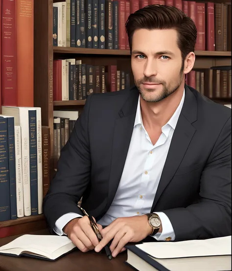 40 Year Old Handsome White Handsome Realistic Man Black Eyes Brown Eyes Businessman Who Looks Smart With A Background Library