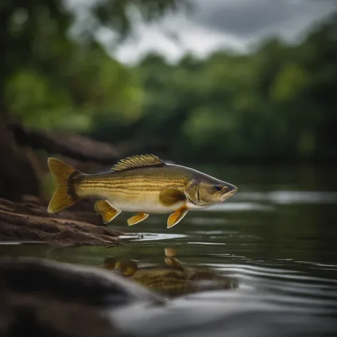 Rio Negro in the Amazon, Fish jumping in the water, sol brilhante, cachoeira