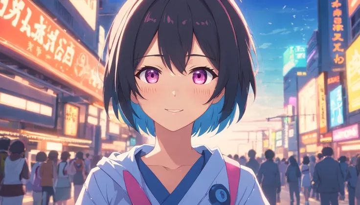 Chica anime, Mujer, cabello negro y purpura, ojos azules grades y expesivos, sonriendo, sonrojada, ropa ajustada, gamer girl, tetas grandes,muslos grandes, cuerpo completo parada de frente.