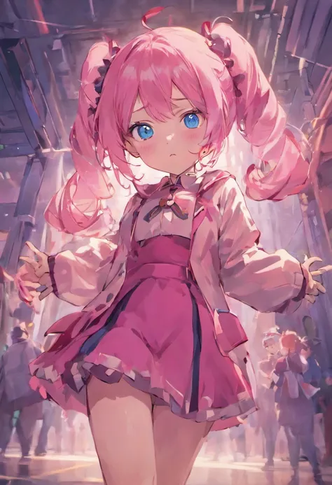 A mature pink haired girl with with twin tail breades. She has blue eyes and a chubby face. She is weareing a a colledge uniform that is to small for her. Her buttons are straining and her fat belly is exposed. Her butt is big but fits in her skirt nicly. ...