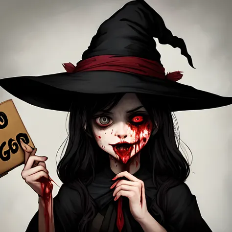 a witch with eyes and mouth full of blood holding a sign with the name "diego"