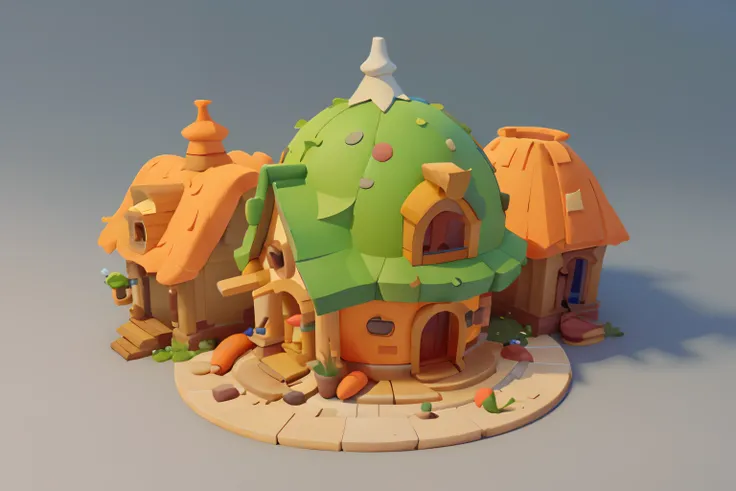 Game architectural design, Cartoony,Carrot house，Radishes match the architecture，casual game style, Carrot building,C4D，closeup cleavage，tmasterpiece，super detailing，best qualtiy