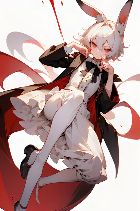 Masterpiece, perfect face, best quality, highest quality, 1boy, male character, short hair, male, anime boy, white hair, red eyes, chin length hair, creepy, yami kawaii, bunny ears, white lace shirt, Peter Pan collar, white skin, bow around neck, detailed ...